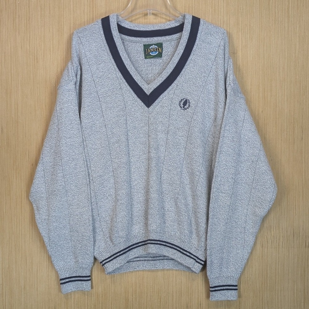 Jantzen Mens Large Gray V Neck Knit Sweater Golf Preppy Collegiate Vintage USA
